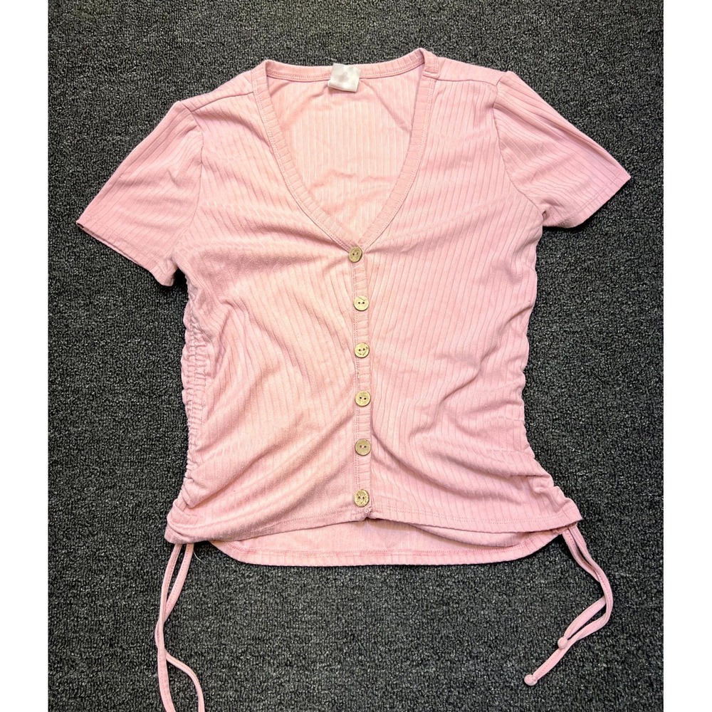No Boundaries Top Womens S 3-5 Pink Ribbed Ruched Side Cinch Tie Button Front